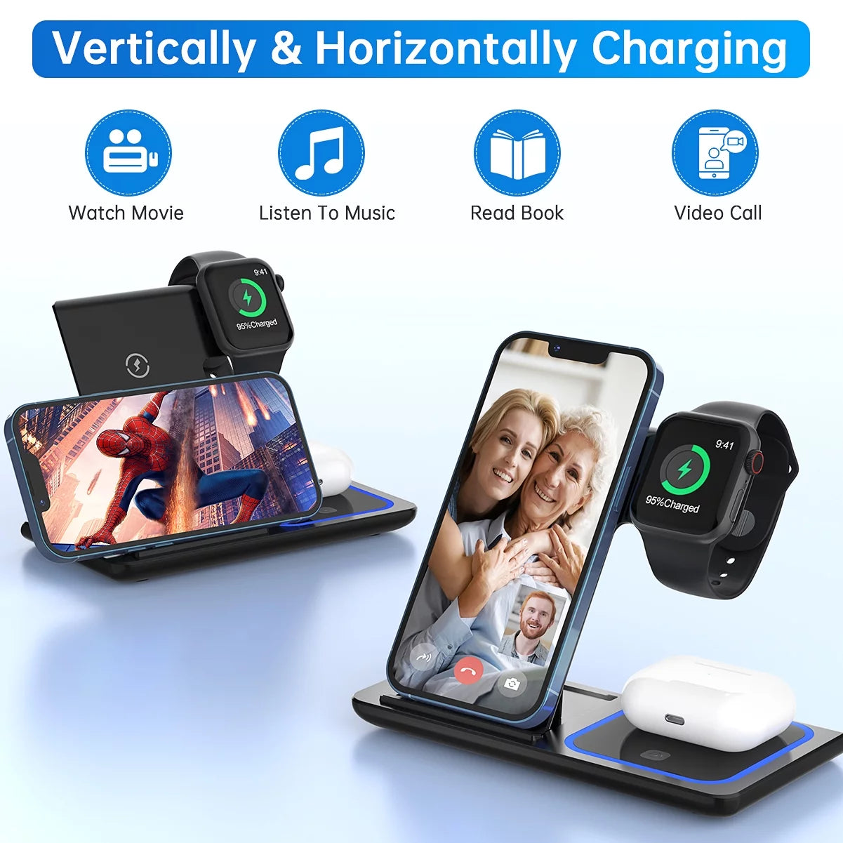 Wireless Charger, 18W Fast Iphone Charging Station for Iphone 16/15/14/13/12 /11/Pro Max/Plus, 3 in 1 Wireless Charging Stand for Iwatch Series SE 10/9/8/7/6/5/4/3, Airpods Pro/3/2 (W/ QC3.0 Adapter) E4U