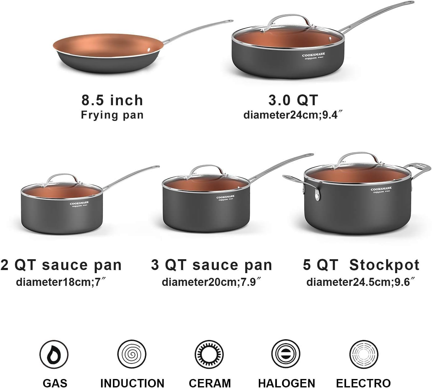 10-Piece Pots and Pans Nonstick Copper Coated Induction Pot and Pan of Frying Pan Sautepan Stockpot Saucepans with Lids and Food Steamer Black E4U