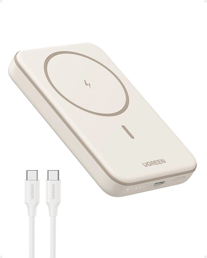 5000Mah Wireless Power Bank, Fast Charging Portable Charger, with USB-C Cable, White E4U