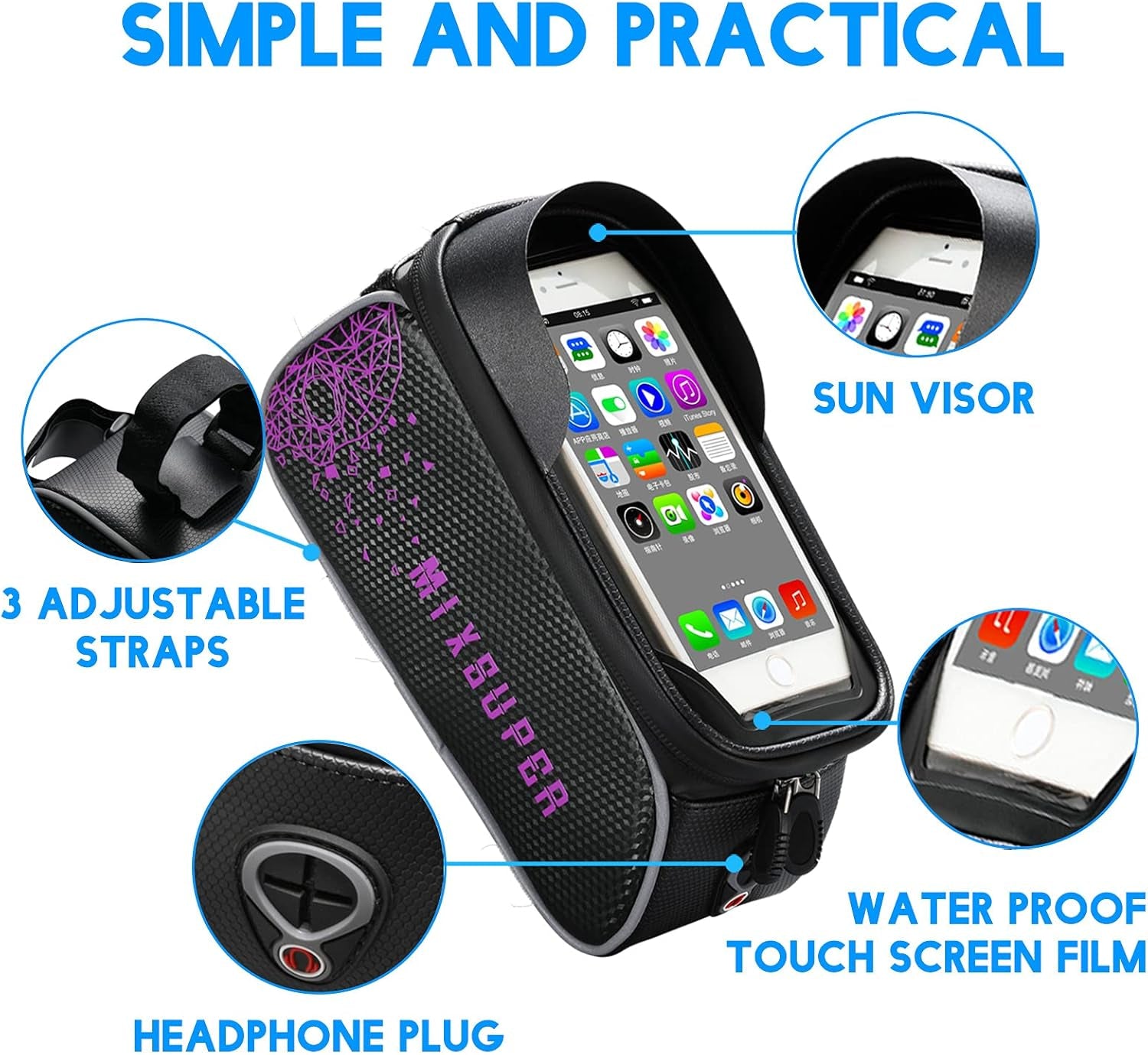 Waterproof Bike Top Tube Bag, Bike Phone Front Frame Bag Compatible with Phone under 6.7" E4U