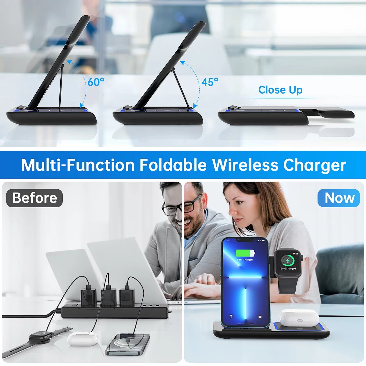 Wireless Charger, 18W Fast Iphone Charging Station for Iphone 16/15/14/13/12 /11/Pro Max/Plus, 3 in 1 Wireless Charging Stand for Iwatch Series SE 10/9/8/7/6/5/4/3, Airpods Pro/3/2 (W/ QC3.0 Adapter) E4U