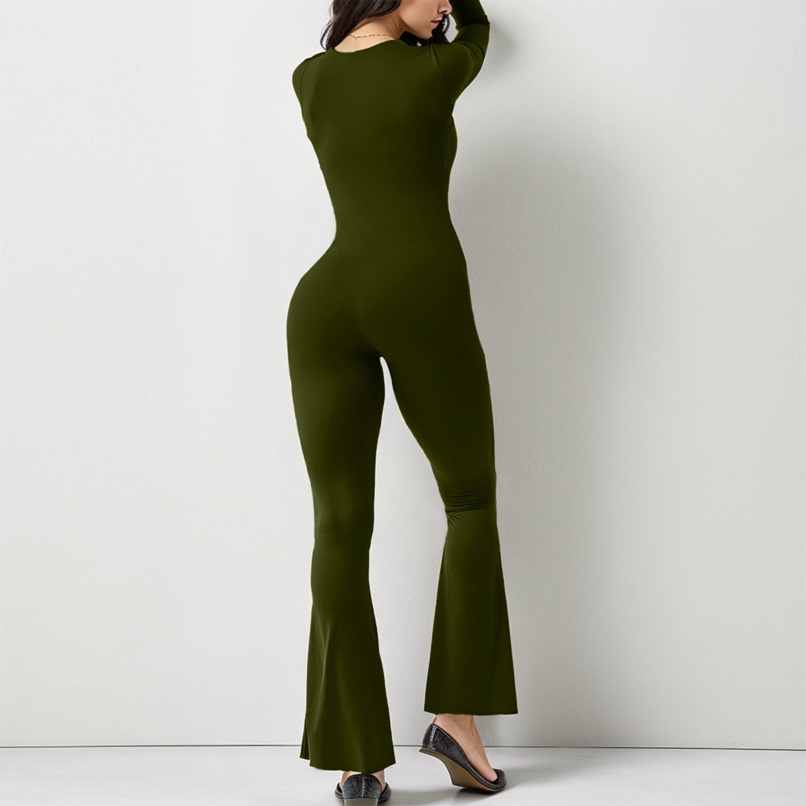 Women Long Sleeve Belly Waist Shaping and Hip Lift Square Collar Wide Leg High Elastic Jumpsuit E4U