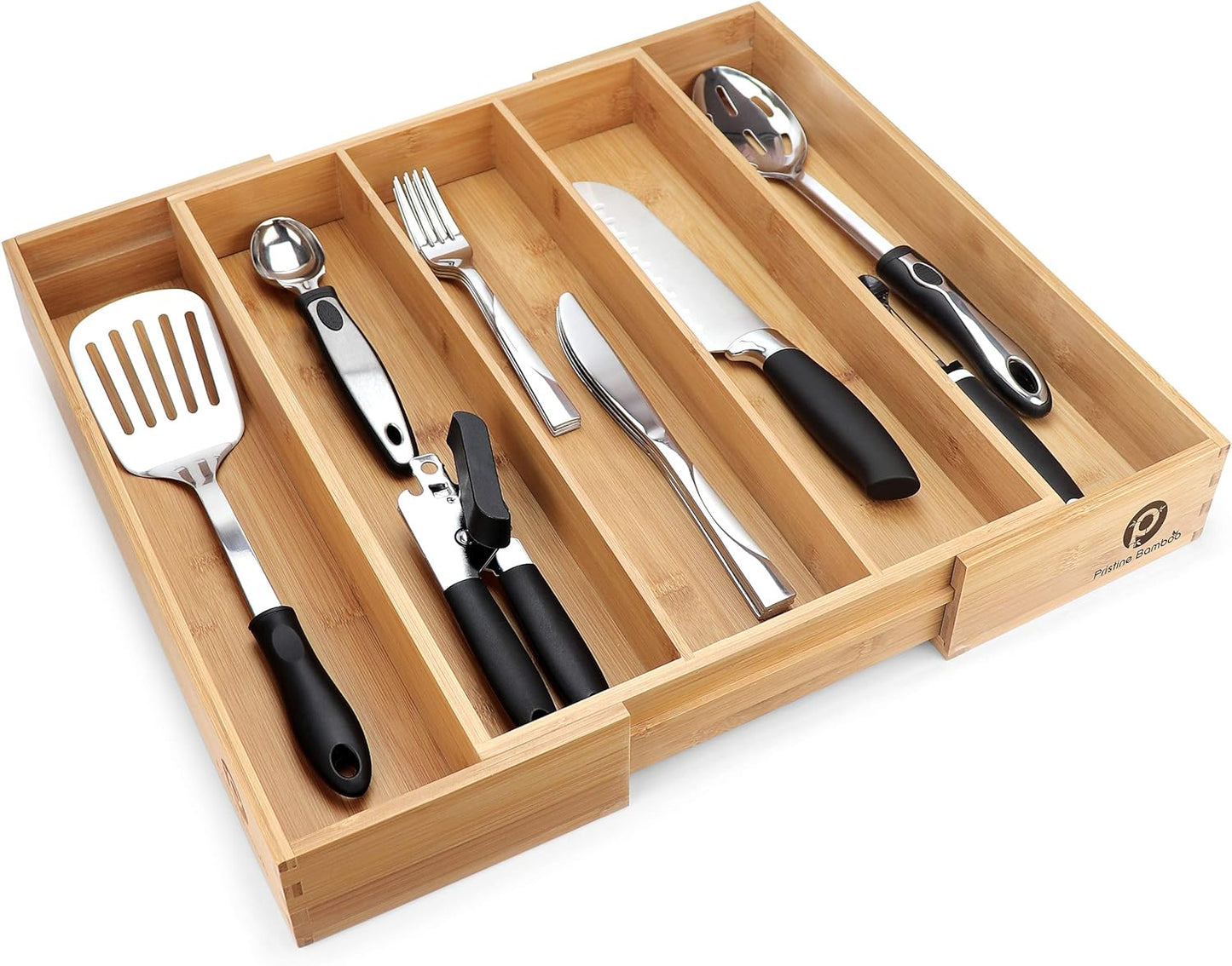 Silverware Tray for Drawer Organizer,Kitchen Drawer Organizer,Cutlery Organizer in Drawer, Flatware Silverware Holder, Expandable Adjustable Wooden Dividers (5-Slots) E4U