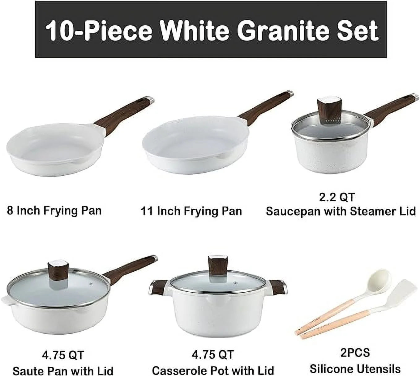 10Pcs Pots and Pans Set, Nonstick White Granite, Cookware Sets Suitable for Gas, Electric, Induction, Kitchen Cooking Set W/Frying Pans, Saucepans, Casserole, Silicone Tools, Dishwasher Safe, White E4U