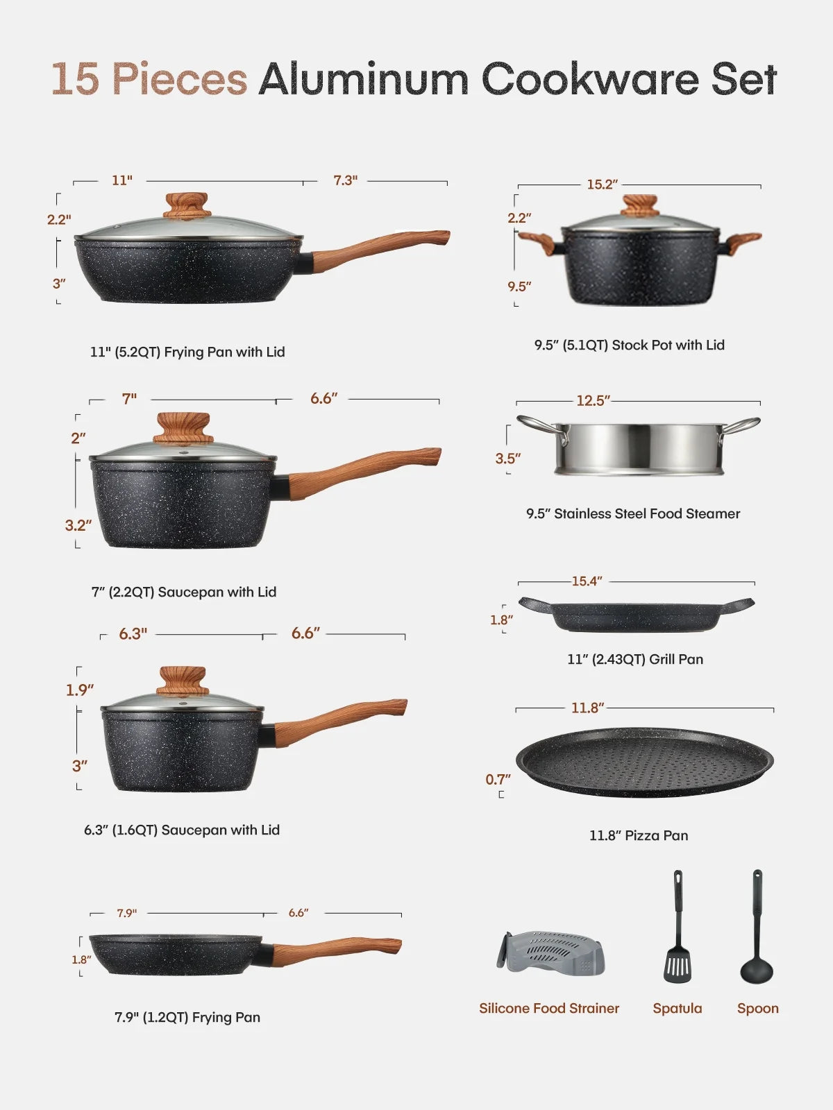 Pots and Pans Set with Lids 15 Pcs, Aluminum Nonstick Induction Cookware Sets E4U