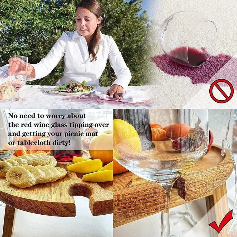 Outdoor Wooden Folding Picnic Table-With Glass Holder 2In1 round Desk Wine Glass Rack Collapsible Table for Garden Party E4U