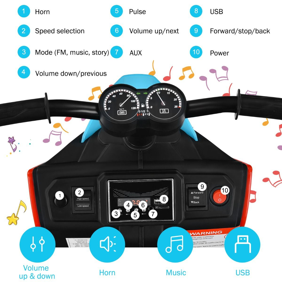 3 Wheels Kids Electric Motorbike with Music E4U