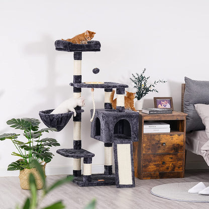 Cat Tree, Cat Tower for Indoor Cats with Scratching Board, Multi-Level Cat Furniture Condo with Feeding Bowl Smoky Gray HCT010G E4U