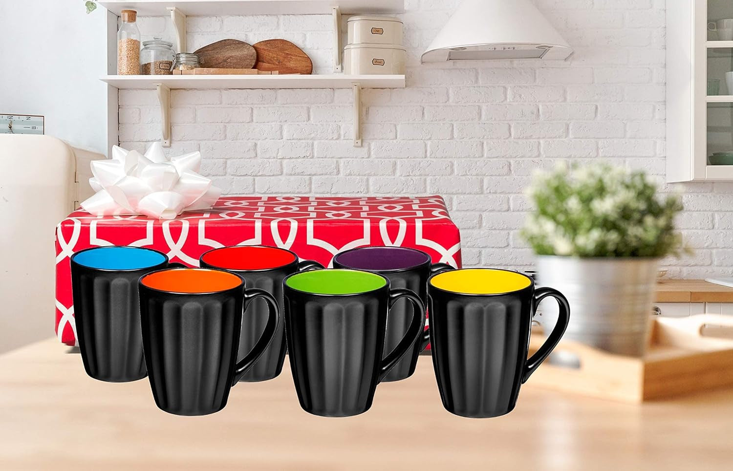 16Oz Matte Black Coffee Mugs Set of 6, Large Size Ceramic Espresso Cups, 16 Ounce Coffee Mugs, Black Coffee, Multicolor Inside E4U