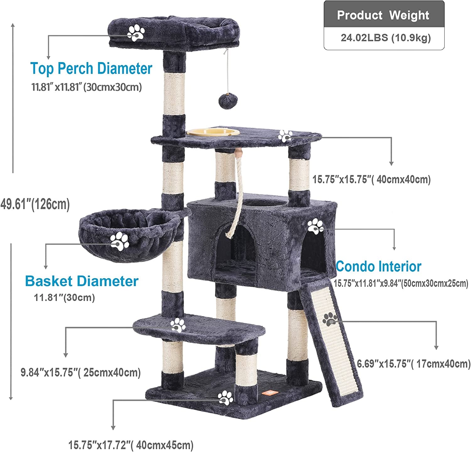 Cat Tree, Cat Tower for Indoor Cats with Scratching Board, Multi-Level Cat Furniture Condo with Feeding Bowl Smoky Gray HCT010G E4U