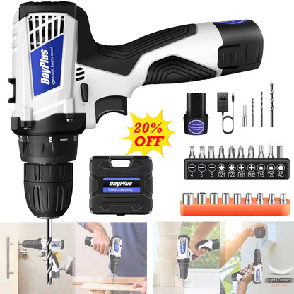 Cordless Drill Driver Kit with Battery,2 in 1 Electric Screwdriver Driver Tool Kit 45 N.M, Dual Speed 3/8 Inch Keyless Chuck E4U