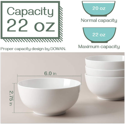 22 Ounce Soup and Cereal Bowls, Porcelain Serving Salad Bowls, Dishwasher & Microwave Safe, Centerpiece Serving Bowls, White,Bowl Set for Rice Pasta Oatmeal E4U