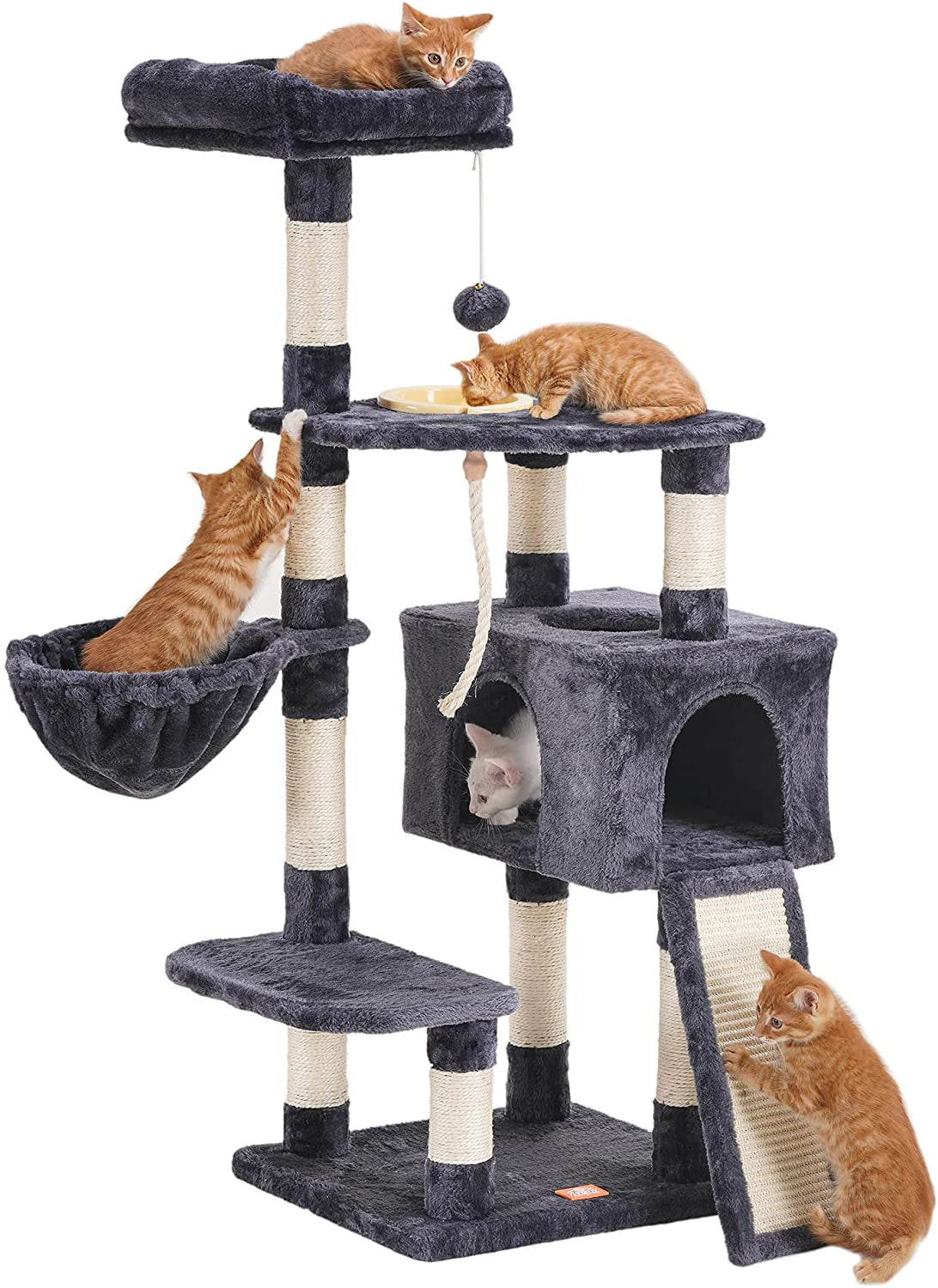 Cat Tree, Cat Tower for Indoor Cats with Scratching Board, Multi-Level Cat Furniture Condo with Feeding Bowl Smoky Gray HCT010G E4U