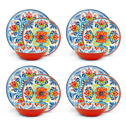 12 Pieces Dinnerware Set Melamine Plastic Plates and Bowls, Service for 4, Durable and Dishwasher Safe, Medallion Warm E4U