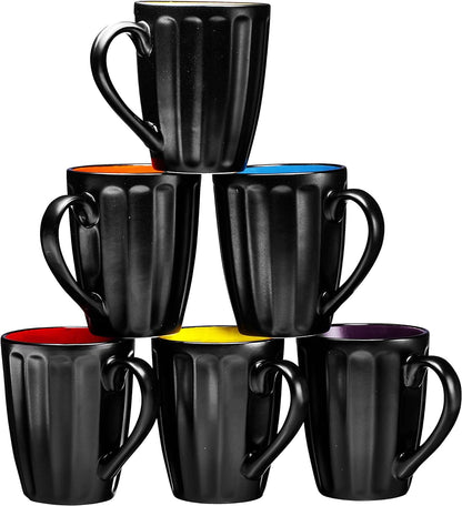 16Oz Matte Black Coffee Mugs Set of 6, Large Size Ceramic Espresso Cups, 16 Ounce Coffee Mugs, Black Coffee, Multicolor Inside E4U