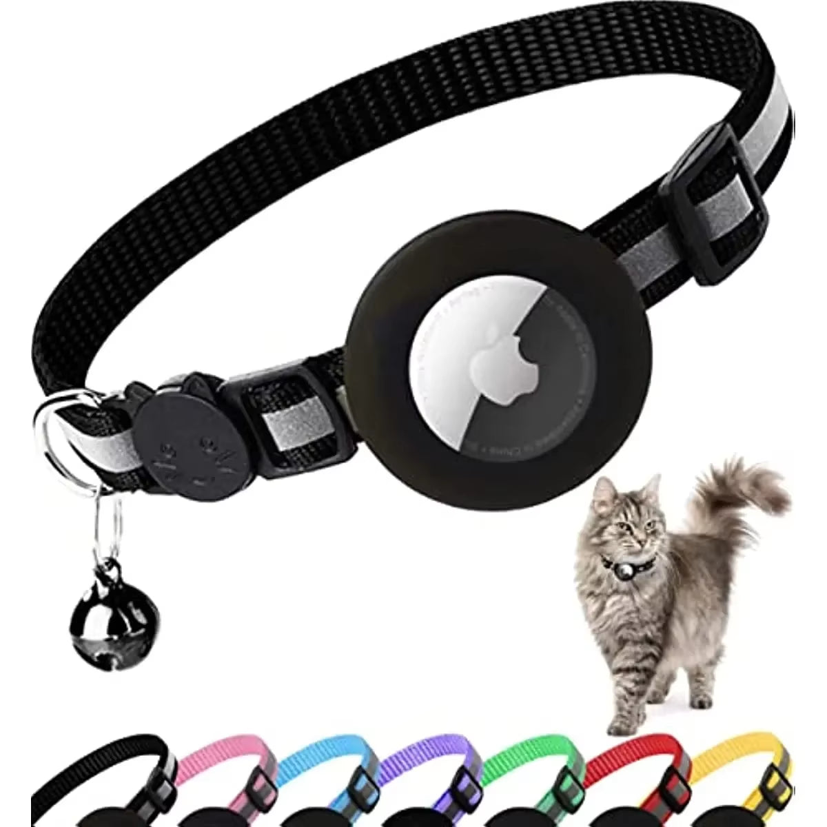 ATUBAN Airtag Cat Collar Breakaway, Reflective Kitten Collar with Apple Air Tag Holder and Bell for Girl Boy Cats, 0.4 Inches E4U