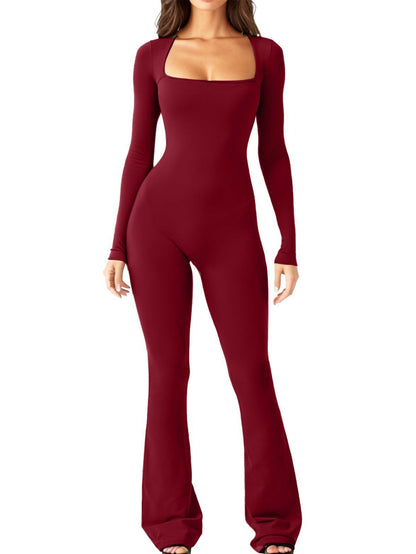 Women Long Sleeve Belly Waist Shaping and Hip Lift Square Collar Wide Leg High Elastic Jumpsuit E4U