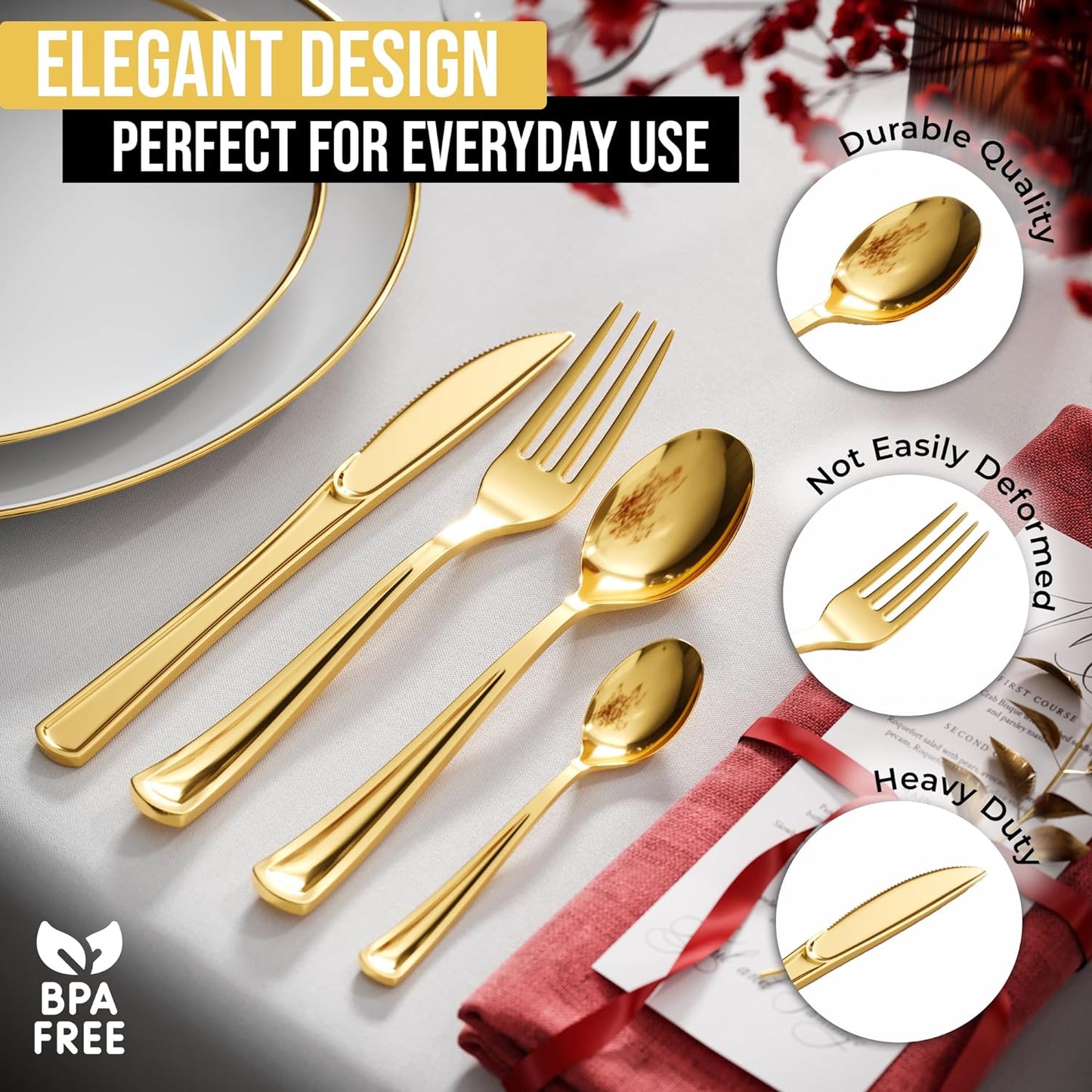 120 Pack Gold Plastic Forks Heavy Duty - Gold Disposable Silverware - Gold Plastic Silverware - Gold Forks Disposable - Plastic Silverware Heavy Duty for Catering, Parties, Weddings & More E4U