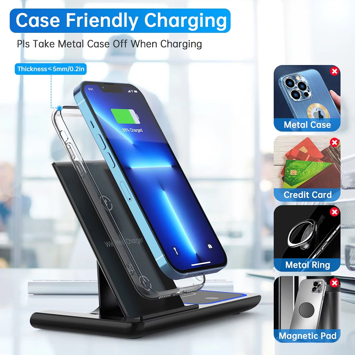 Wireless Charger, 18W Fast Iphone Charging Station for Iphone 16/15/14/13/12 /11/Pro Max/Plus, 3 in 1 Wireless Charging Stand for Iwatch Series SE 10/9/8/7/6/5/4/3, Airpods Pro/3/2 (W/ QC3.0 Adapter) E4U