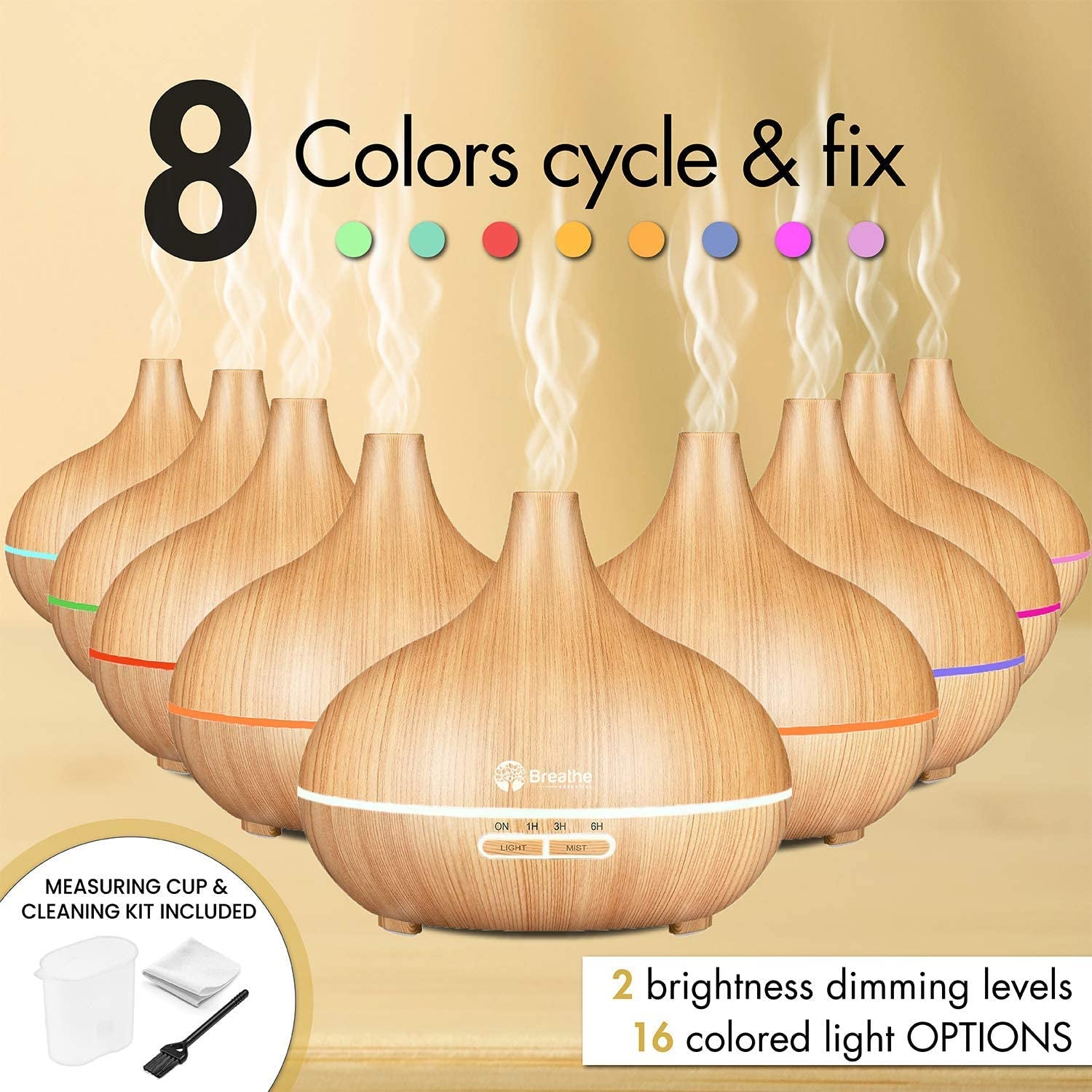 Oil Diffuser | 550Ml Diffusers for Essential Oils with Cleaning Kit & Measuring Cup, 18 Hour Runtime, 16 LED Light Settings & Auto Power off (Natural Oak) E4U