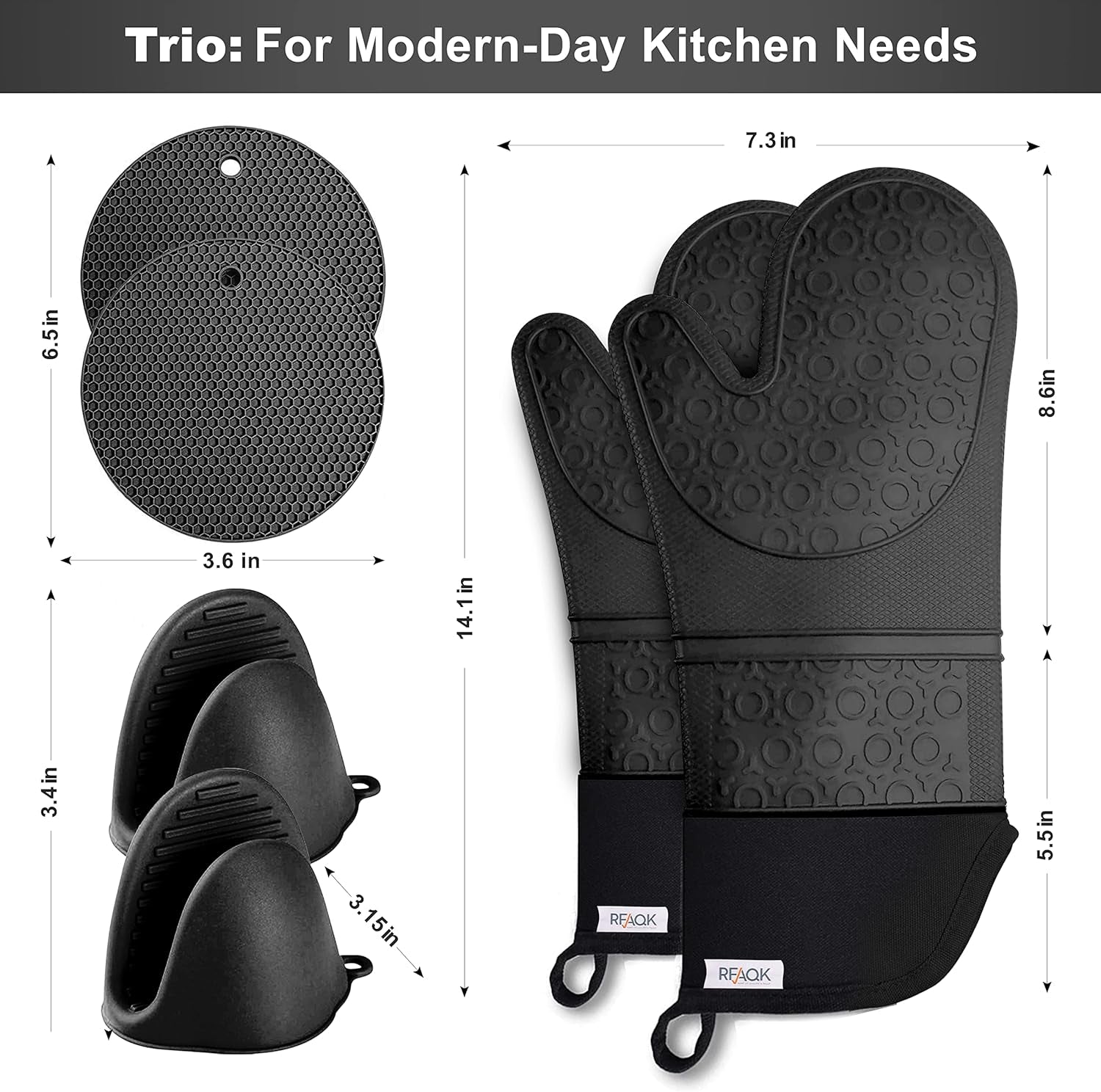 Oven Mitts and Pot Holders Sets- Extra Long Silicone Oven Mitts, Oven Mitts Heat Resistant with Quilted Soft Liner and Mini Oven Mittens Sets for Kitchen, Baking, Grill and BBQ (Black) E4U E4U