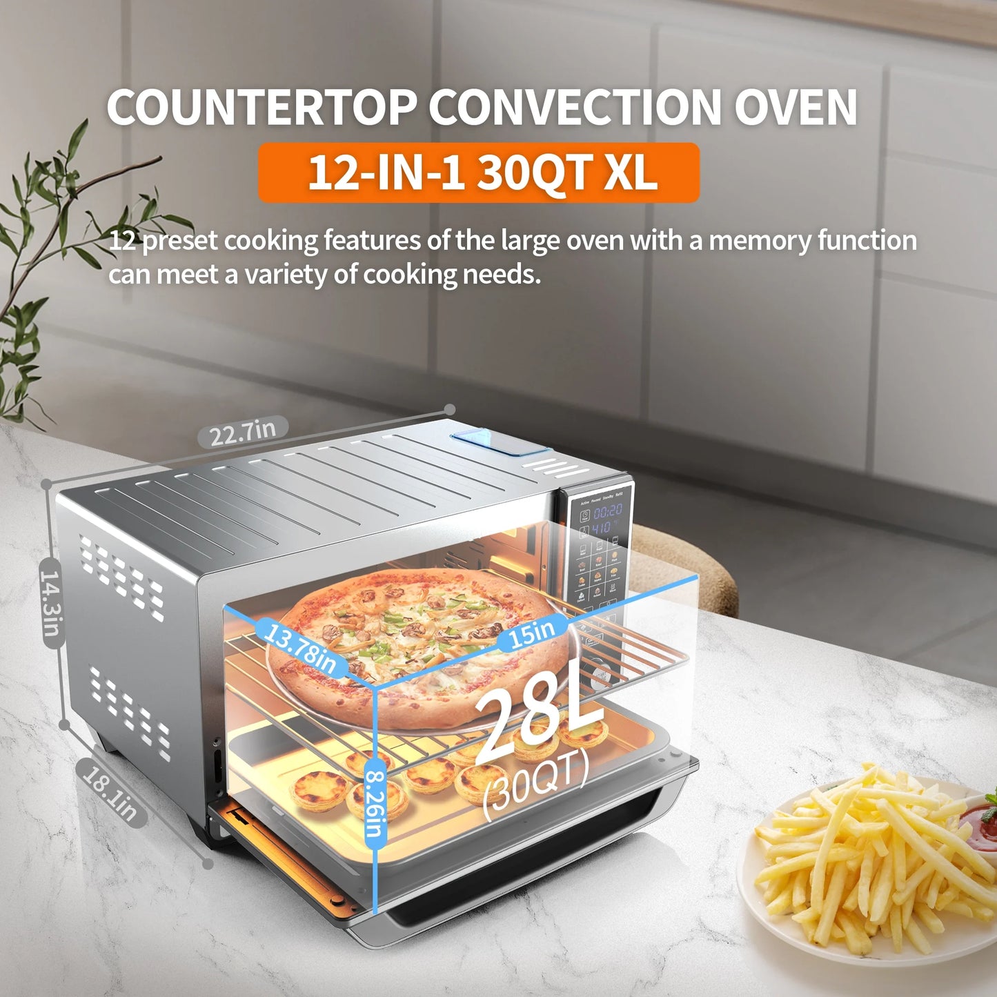 Air Fryer Toaster Oven - 30QT Convection Oven, 11-In-1 Steam Oven, Touchscreen, 4 Accessories E4U