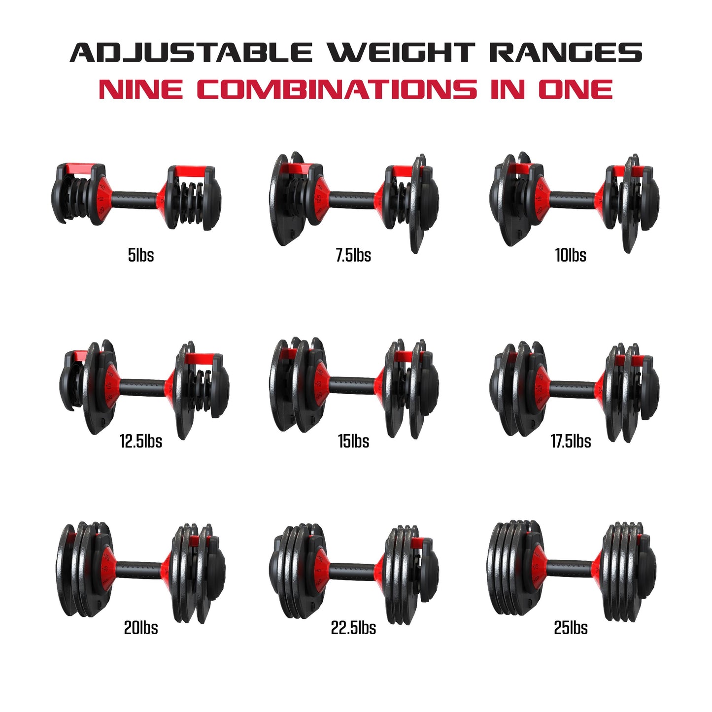 Smartbell, 25Lbs. Quick-Select 9 in 1 Adjustable Dumbbell for Home Gym, 5-25Lbs. Weight in 2.5Lbs Increments E4U