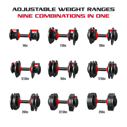 Smartbell, 25Lbs. Quick-Select 9 in 1 Adjustable Dumbbell for Home Gym, 5-25Lbs. Weight in 2.5Lbs Increments E4U