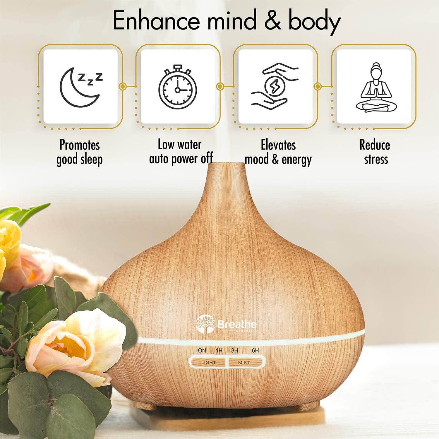 Oil Diffuser | 550Ml Diffusers for Essential Oils with Cleaning Kit & Measuring Cup, 18 Hour Runtime, 16 LED Light Settings & Auto Power off (Natural Oak) E4U