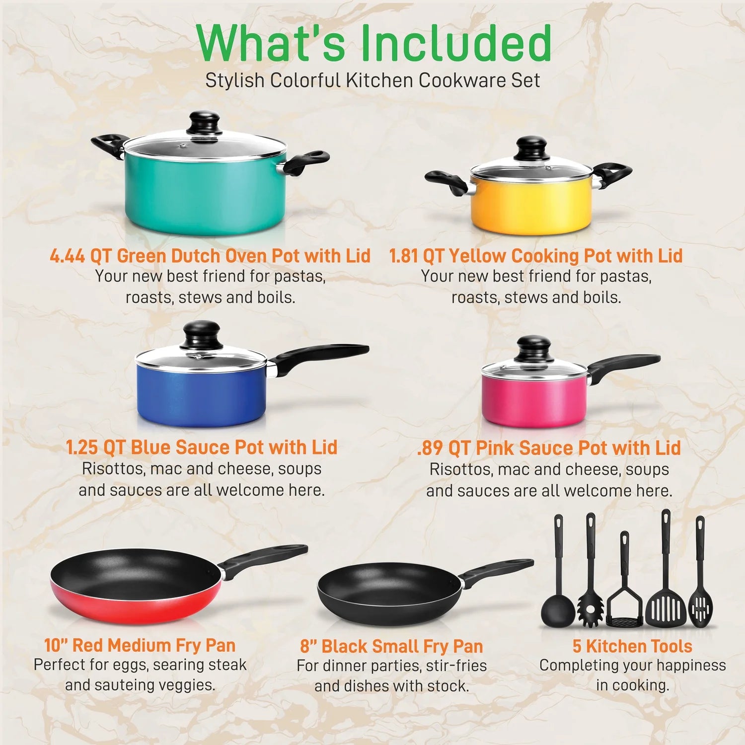 15 Piece Kitchenware Pots & Pans Non-Stick Cookware Set E4U