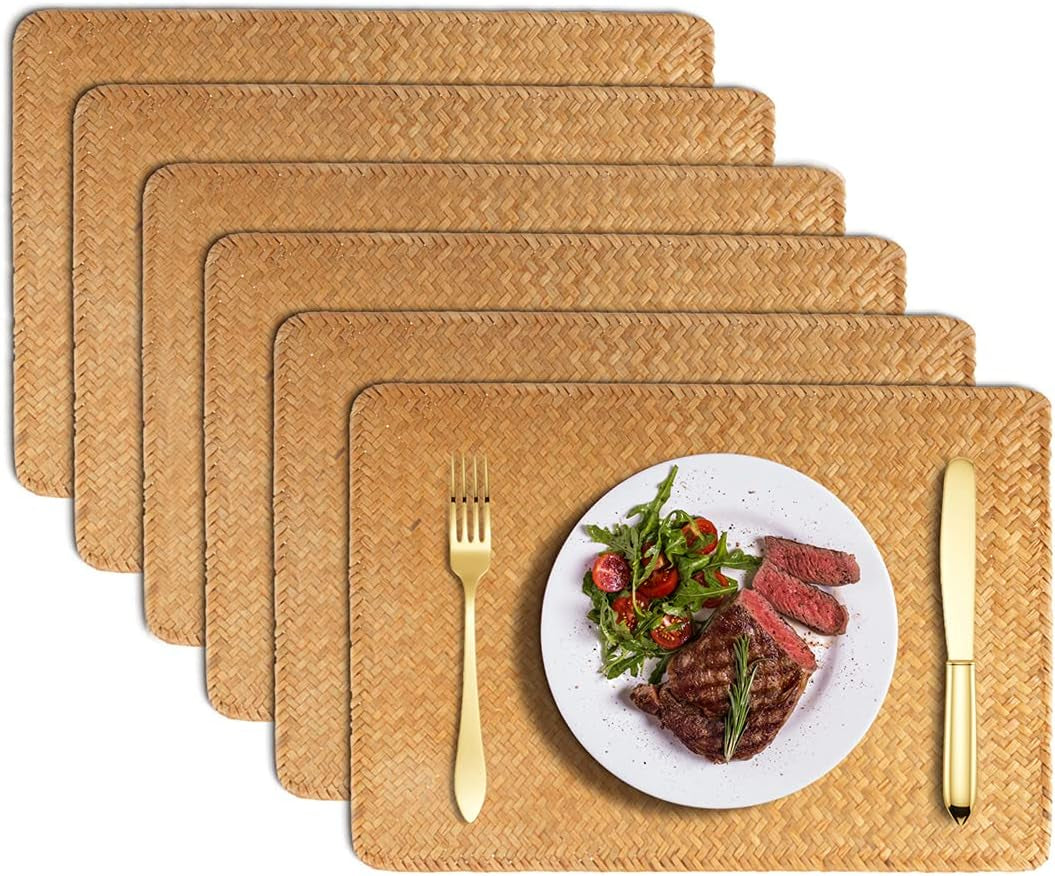 Rattan Woven Placemats for Dining Table Waterproof Set of 6,Seagrass Table Placemats Washable Non-Slip Heatproof Rectangular for Kitchen Table 17X12Inches E4U