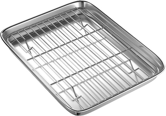 Toaster Oven Tray and Rack Set,  Small Stainless Steel Baking Pan with Cooling Rack,9 X 7 X 1 Inch,Dishwasher Safe Baking Sheet, Anti-Rust, Sturdy & Heavy. E4U E4U