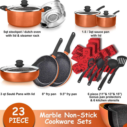 Non-Stick Coating, Cookware Pots and Pans Set, Frying Pan, Skillet, Stock Pot, Sauce Pan, Deep Frying, Casserole Pan, Stainless Steel Steamer (23 Piece Copper / Marble) E4U