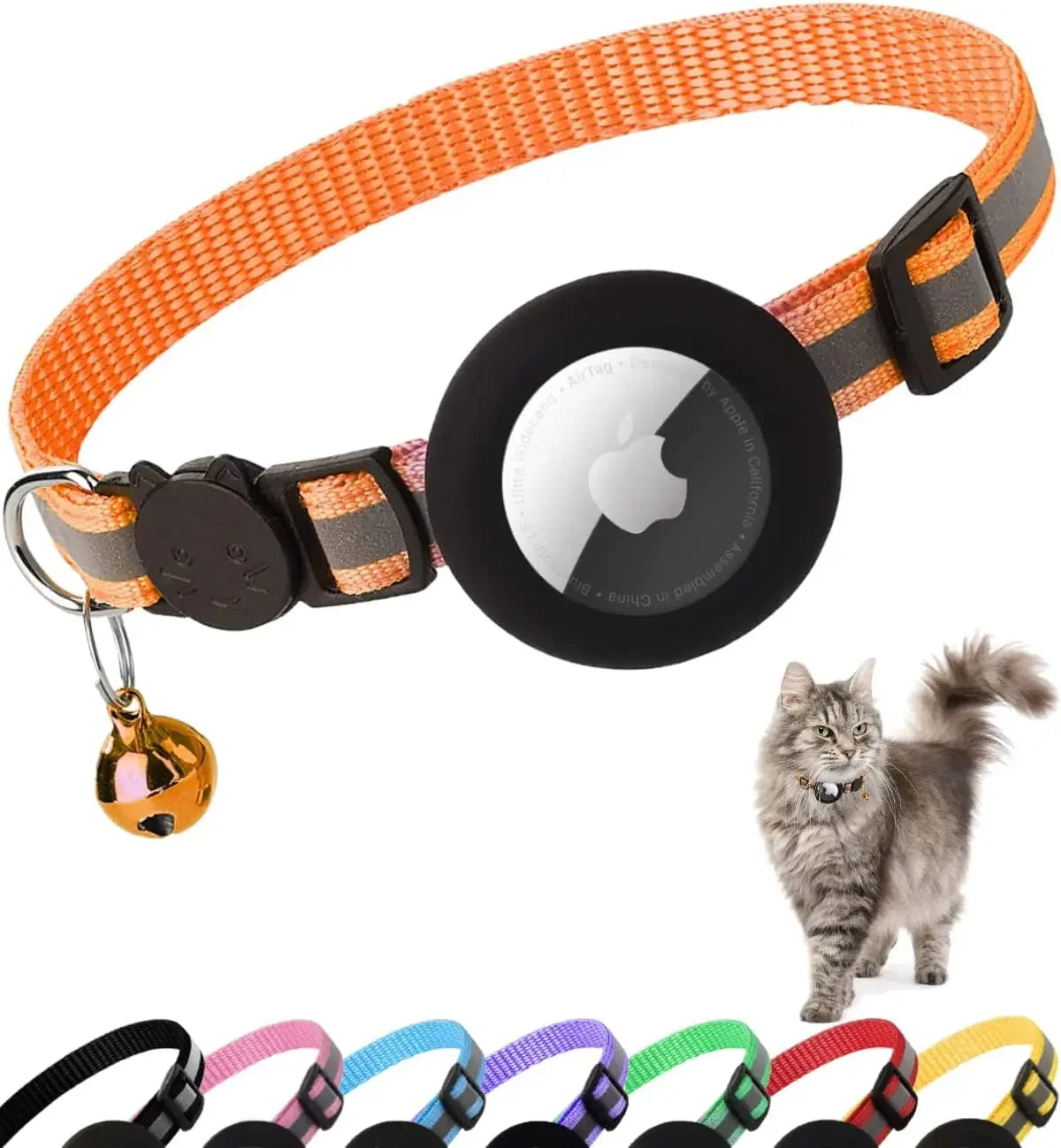 ATUBAN Airtag Cat Collar Breakaway, Reflective Kitten Collar with Apple Air Tag Holder and Bell for Girl Boy Cats, 0.4 Inches E4U