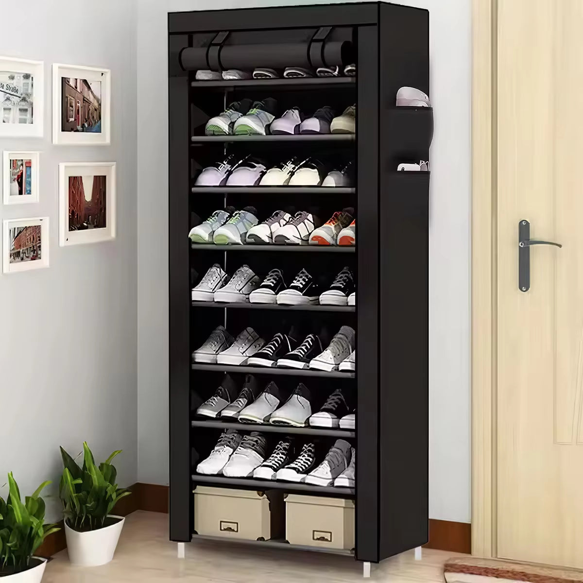 10-Tier Shoe Cabinet with Roll-Up Door Space Saving Shoe Shelf Plastic Shoes Cabinet Organizer Shelf