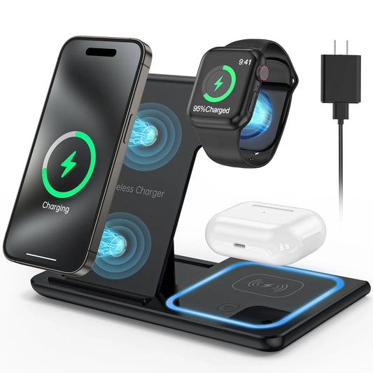 Wireless Charger, 18W Fast Iphone Charging Station for Iphone 16/15/14/13/12 /11/Pro Max/Plus, 3 in 1 Wireless Charging Stand for Iwatch Series SE 10/9/8/7/6/5/4/3, Airpods Pro/3/2 (W/ QC3.0 Adapter) E4U