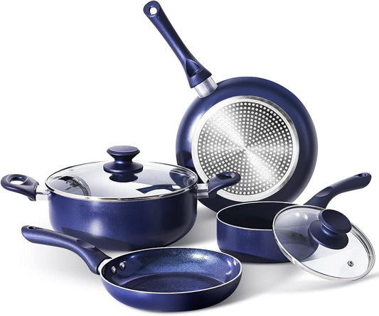 6 Pieces Pots and Pans Set,Aluminum Cookware Set, Nonstick Ceramic Coating, Fry Pan, Stockpot with Lid, Blue E4U