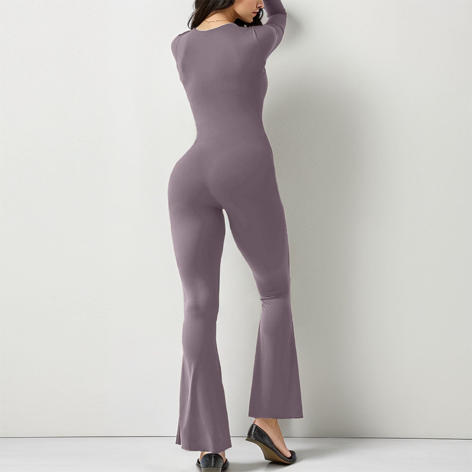 Women Long Sleeve Belly Waist Shaping and Hip Lift Square Collar Wide Leg High Elastic Jumpsuit E4U