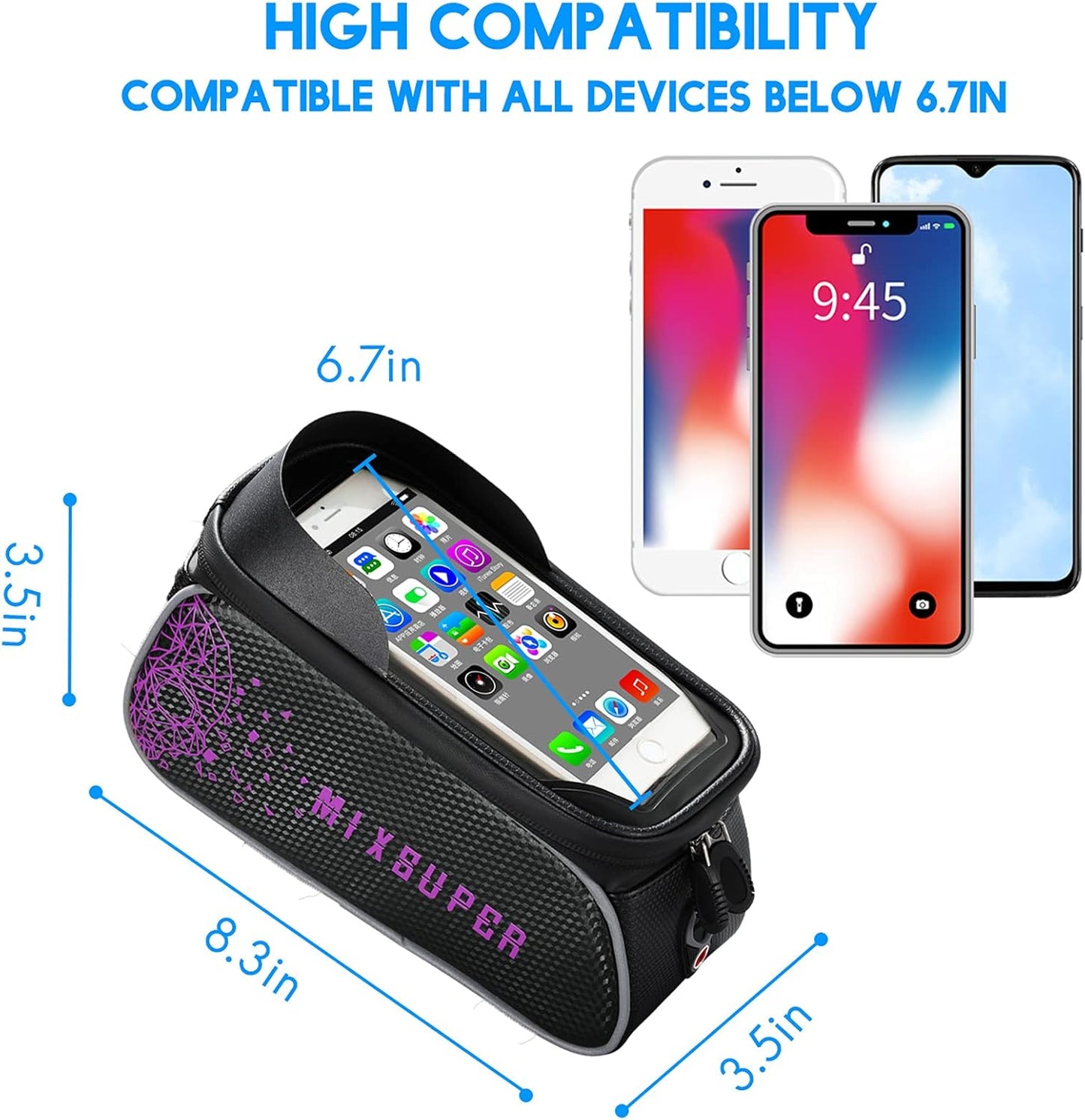 Waterproof Bike Top Tube Bag, Bike Phone Front Frame Bag Compatible with Phone under 6.7" E4U