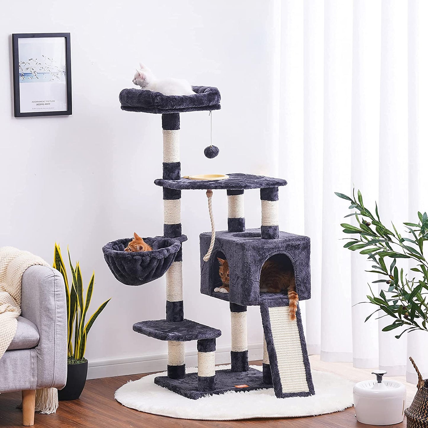 Cat Tree, Cat Tower for Indoor Cats with Scratching Board, Multi-Level Cat Furniture Condo with Feeding Bowl Smoky Gray HCT010G E4U