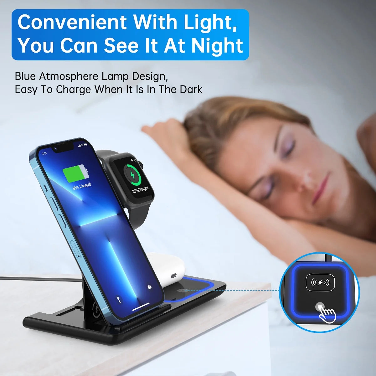 Wireless Charger, 18W Fast Iphone Charging Station for Iphone 16/15/14/13/12 /11/Pro Max/Plus, 3 in 1 Wireless Charging Stand for Iwatch Series SE 10/9/8/7/6/5/4/3, Airpods Pro/3/2 (W/ QC3.0 Adapter) E4U