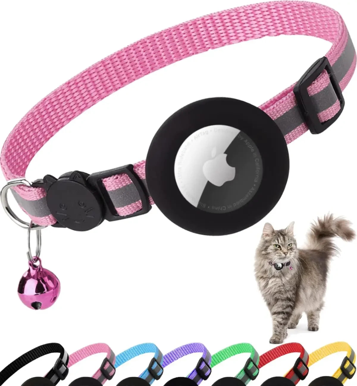 ATUBAN Airtag Cat Collar Breakaway, Reflective Kitten Collar with Apple Air Tag Holder and Bell for Girl Boy Cats, 0.4 Inches E4U