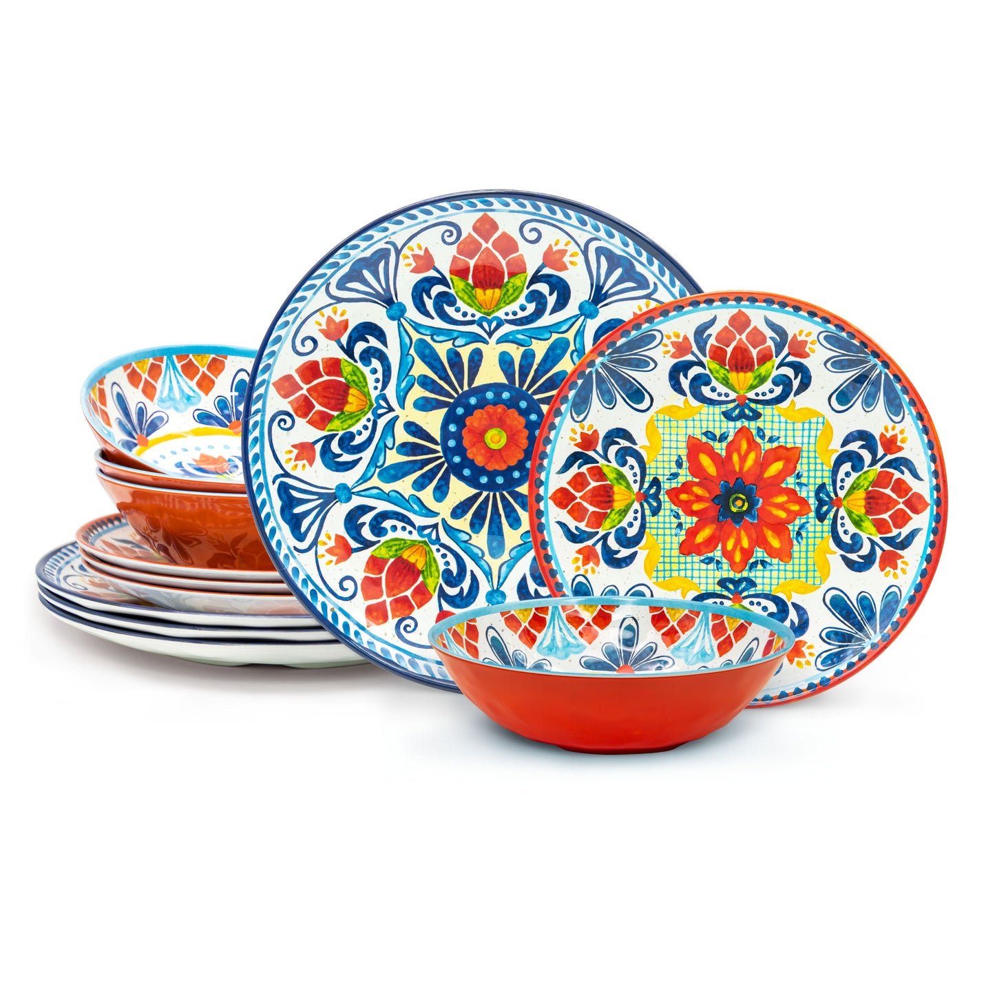 12 Pieces Dinnerware Set Melamine Plastic Plates and Bowls, Service for 4, Durable and Dishwasher Safe, Medallion Warm E4U