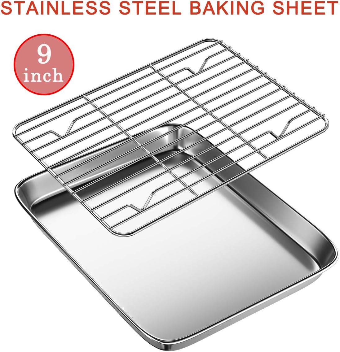 Toaster Oven Tray and Rack Set,  Small Stainless Steel Baking Pan with Cooling Rack,9 X 7 X 1 Inch,Dishwasher Safe Baking Sheet, Anti-Rust, Sturdy & Heavy. E4U E4U