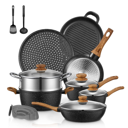 Pots and Pans Set with Lids 15 Pcs, Aluminum Nonstick Induction Cookware Sets E4U