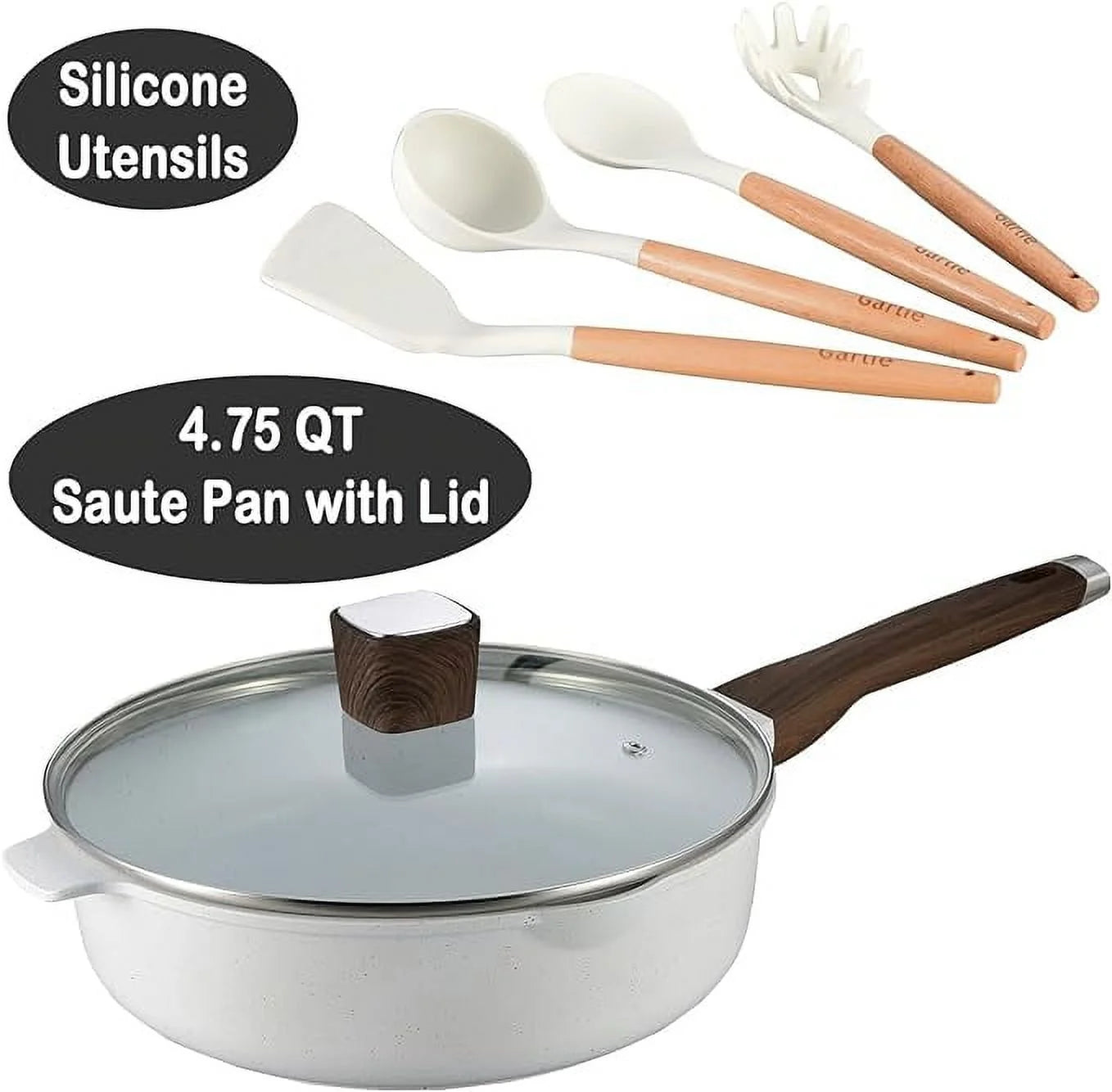 10Pcs Pots and Pans Set, Nonstick White Granite, Cookware Sets Suitable for Gas, Electric, Induction, Kitchen Cooking Set W/Frying Pans, Saucepans, Casserole, Silicone Tools, Dishwasher Safe, White E4U