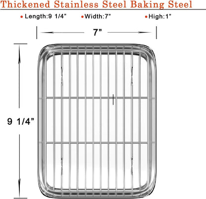 Toaster Oven Tray and Rack Set,  Small Stainless Steel Baking Pan with Cooling Rack,9 X 7 X 1 Inch,Dishwasher Safe Baking Sheet, Anti-Rust, Sturdy & Heavy. E4U E4U