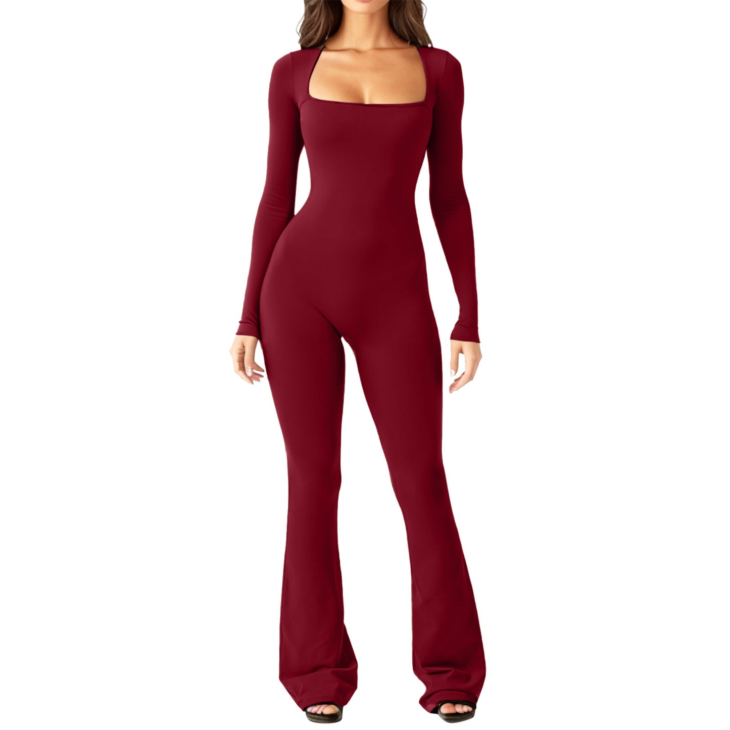 Women Long Sleeve Belly Waist Shaping and Hip Lift Square Collar Wide Leg High Elastic Jumpsuit E4U