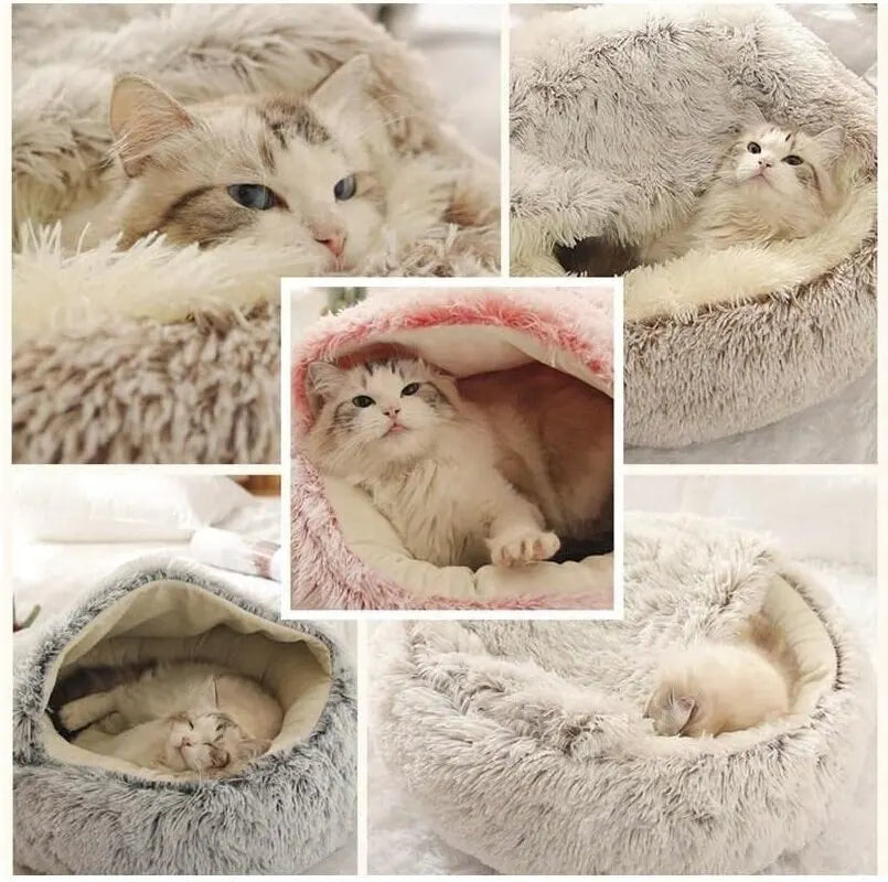 Soft Plush Pet Bed with Cover round Cat Bed Pet Mattress Warm Cat Dog 2 in 1 Sleeping Nest Cave for Small Dogs E4U