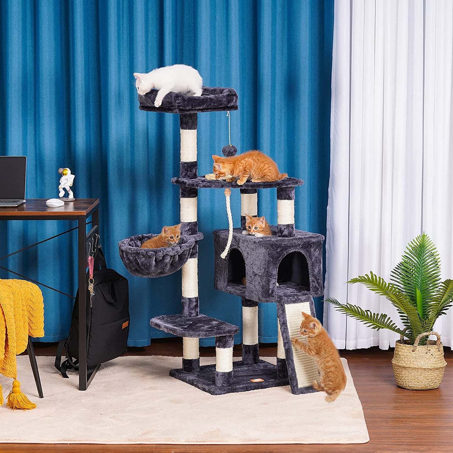 Cat Tree, Cat Tower for Indoor Cats with Scratching Board, Multi-Level Cat Furniture Condo with Feeding Bowl Smoky Gray HCT010G E4U